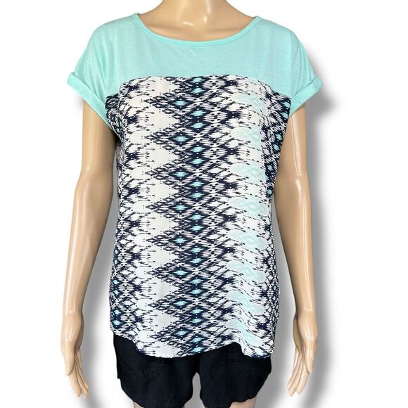 Jolt Womens Blouse Shirt Top Geo Print Pullover Short Sleeve Blue Teal Large - Picture 1 of 9